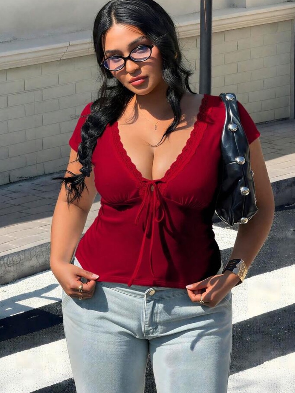 Easura Plus Size Women Casual Lace Deep V Bow Design Versatile T-Shirt Top